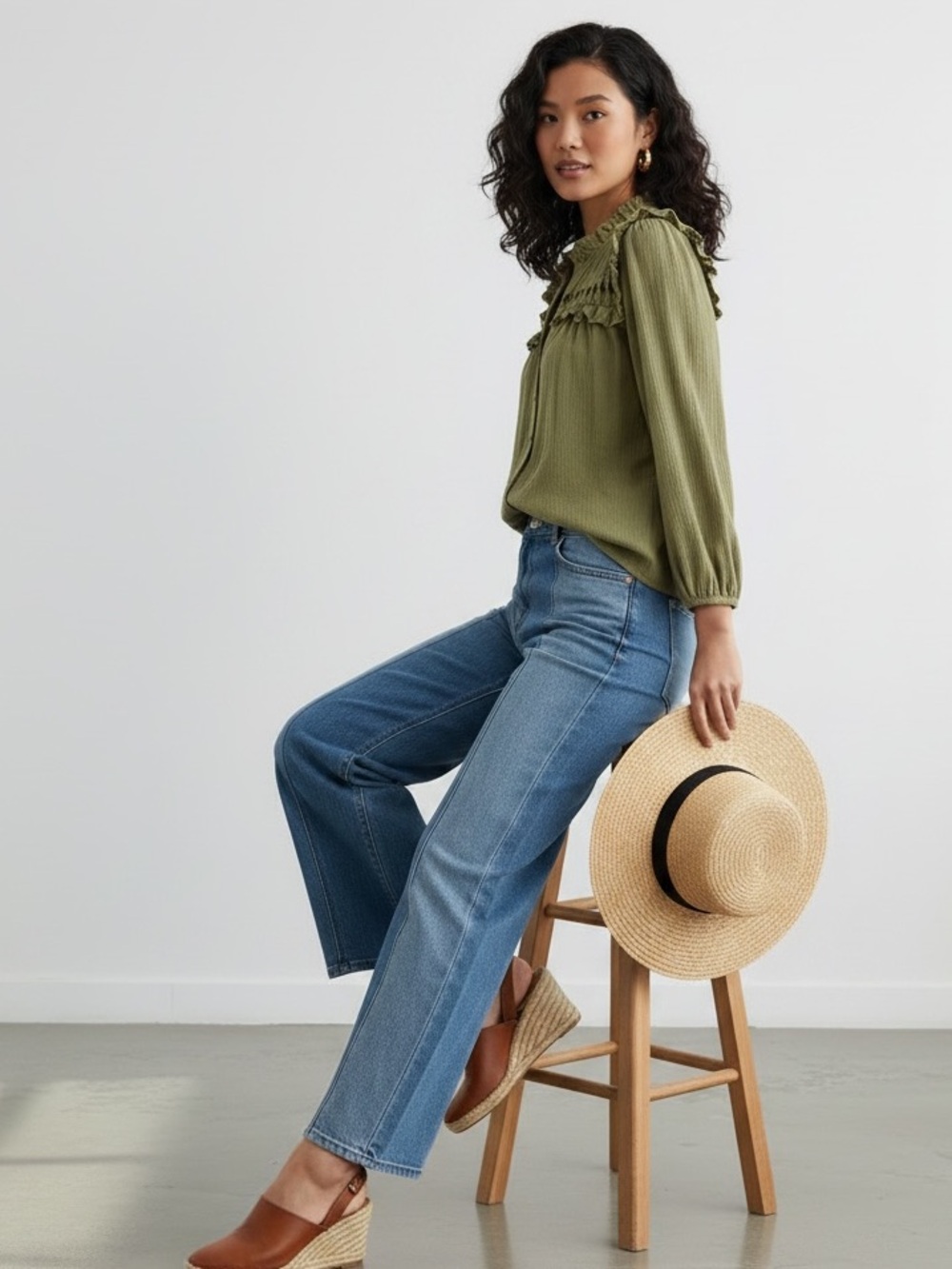 1522 • Olive Cotton Gauze Open Work Yoke Ruffle Trim Lined Blouse - Picture 3 of 8